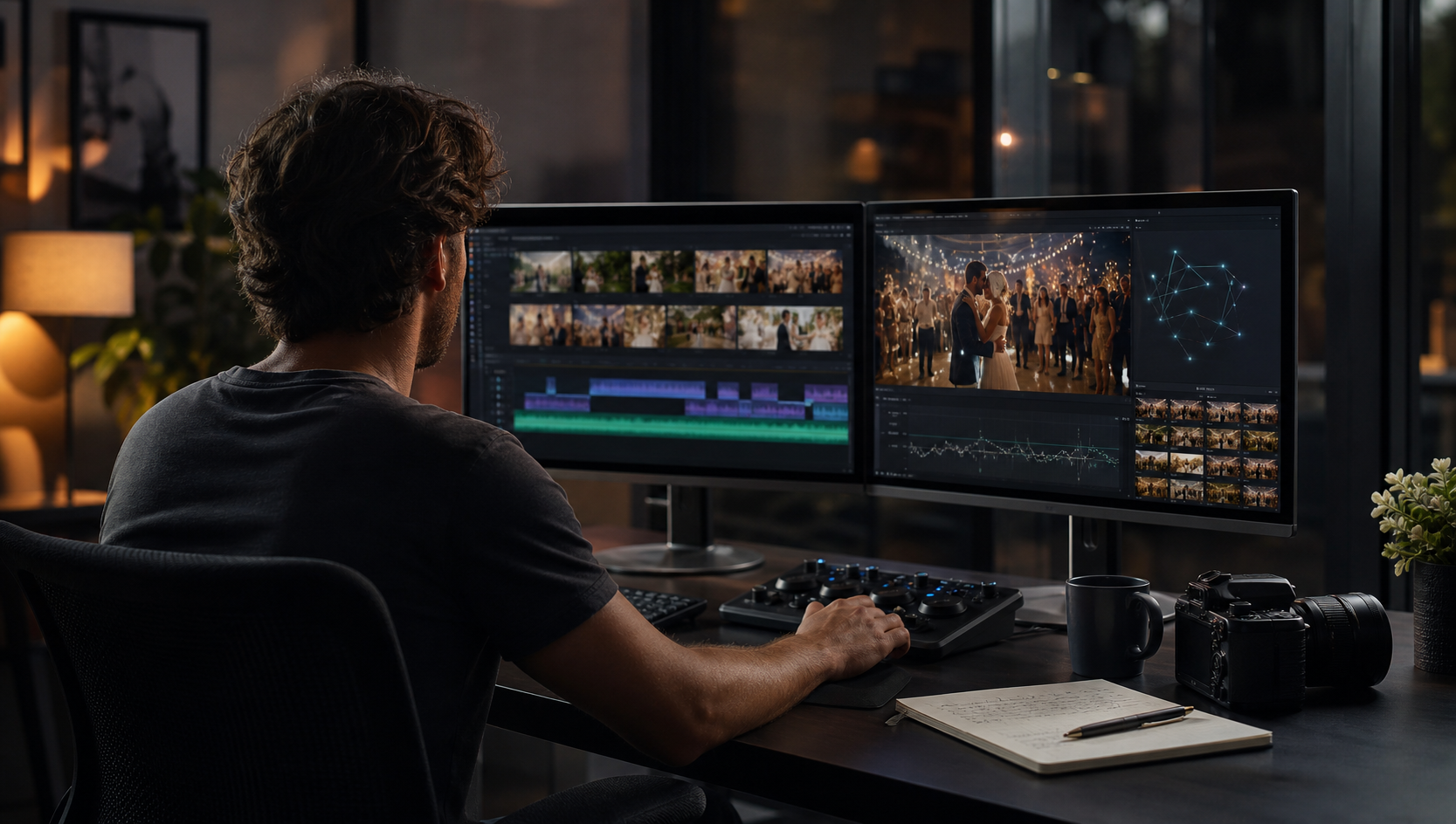 Wedding filmmaker reviewing AI-assisted editing timelines in a studio