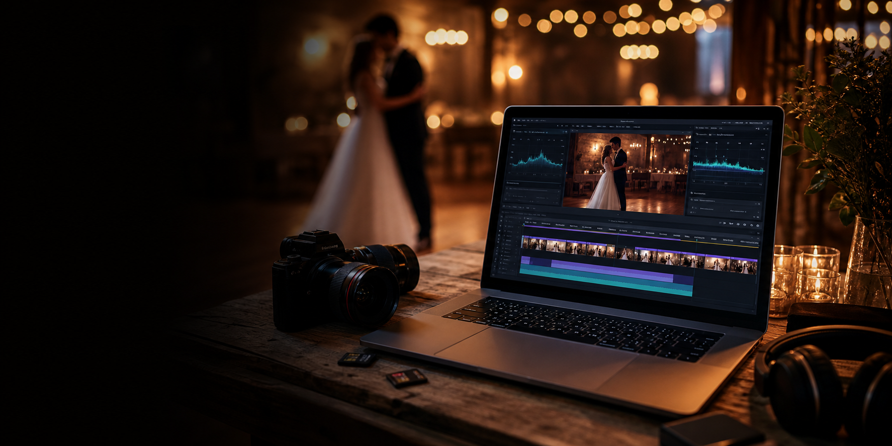 Wedding filmmaking workstation with AI-assisted editing timeline