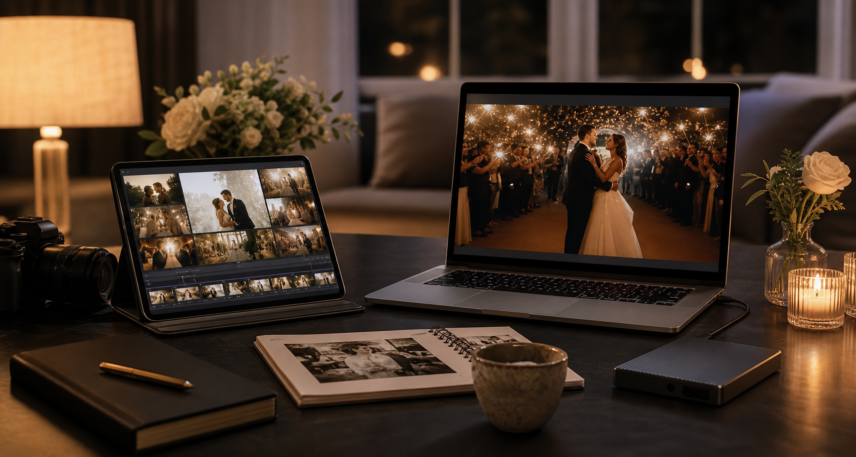Finished wedding film review setup on laptop and tablet